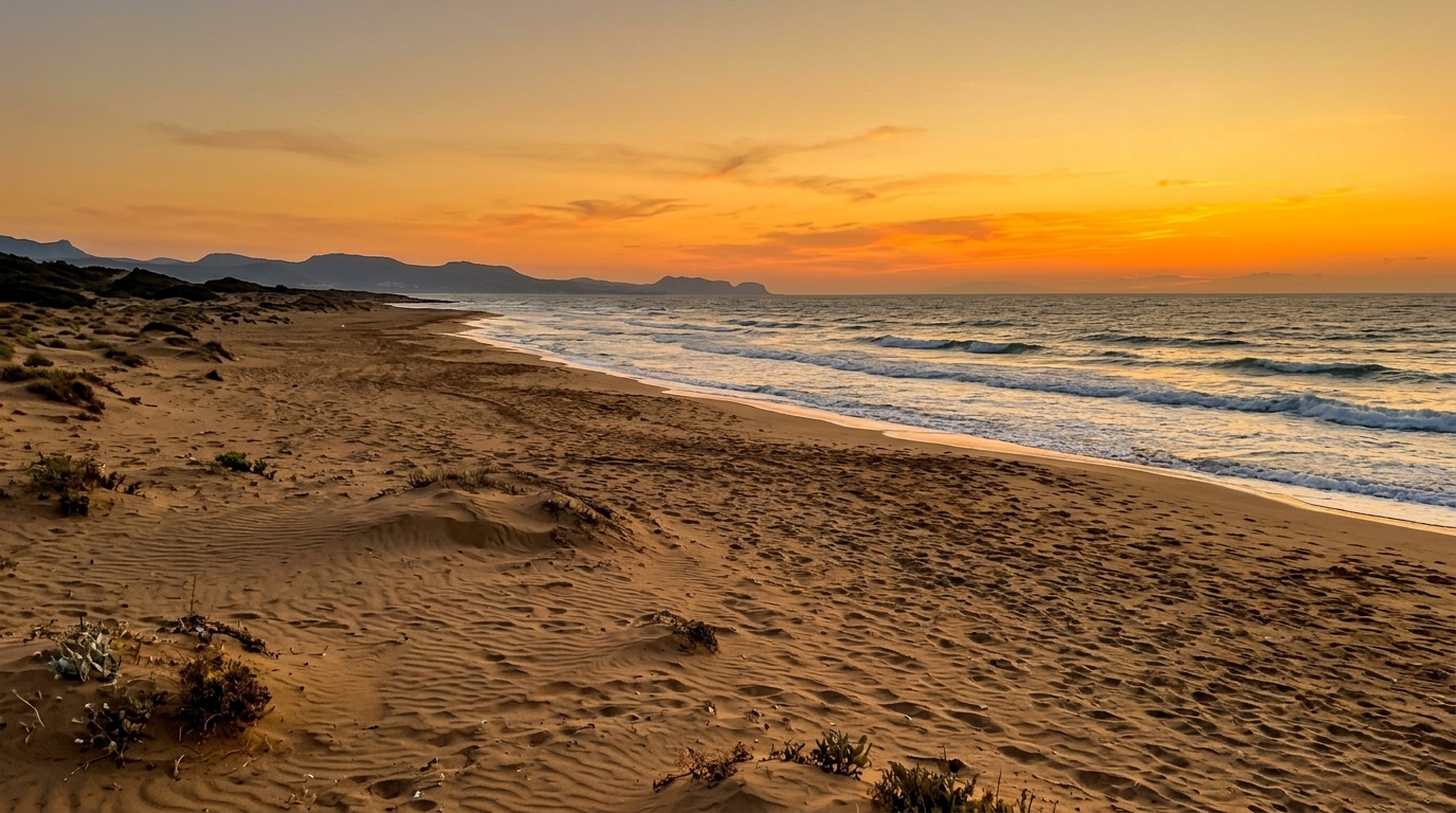 Sandy beach at sunset, North Cyprus